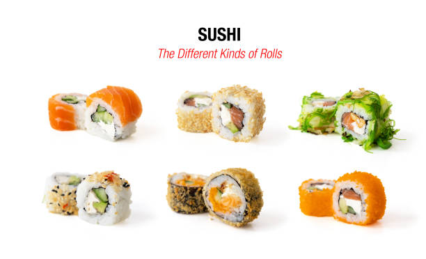 istock Different kinds of sushi rolls isolated on white background 1302787075