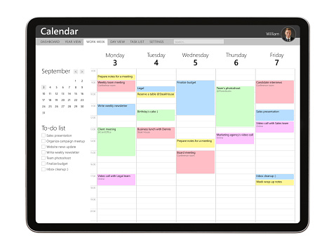 Calendar app sample interface design on tablet computer isolated on white