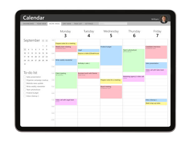 平板電腦上的日曆應用範例介面設計 - 星期一 插圖 個照片及圖片檔