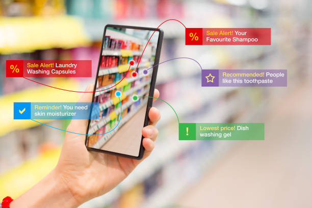 istock Concept of futuristic tech with person using augmented reality app in the store 1302787148