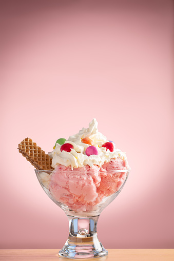 Prepared Strawberry Ice-cream sundae in a studio shot