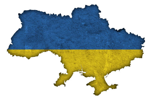 istock Map and flag of Ukraine on weathered concrete, 1302787439