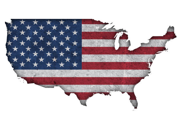 istock Map and flag of USA on weathered concrete, 1302787475