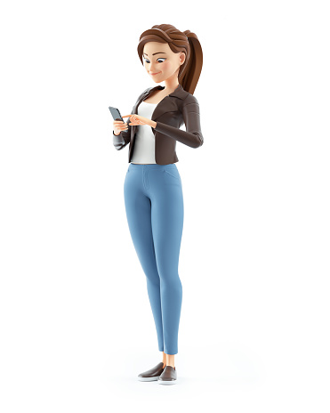 3d cartoon woman looking smartphone, illustration isolated on white background