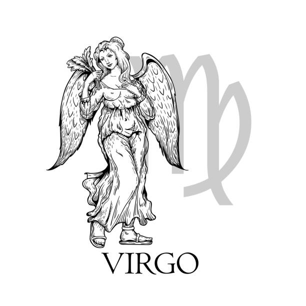 Hand drawn Virgo. Zodiac symbol in vintage gravure or sketch style. Mythical girl with wings (angel). Retro astrology constellation mysterious illustration isolated on white. Hand drawn Virgo. Zodiac symbol in vintage gravure or sketch style. Mythical girl with wings (angel). Retro astrology constellation mysterious illustration isolated on white. virgo stock illustrations