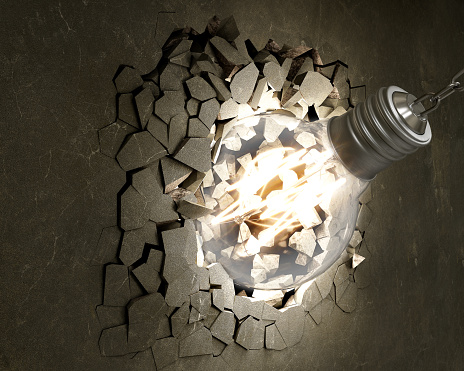 Light bulb breaks the wall instead of the wrecking ball, 3d illustration