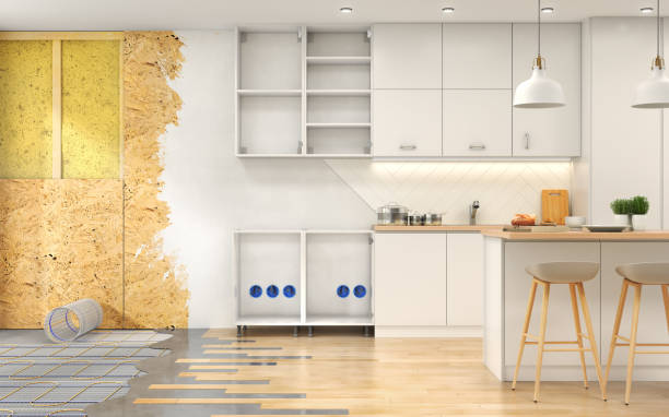 istock 3d render of kitchen in construction process with layered scheme of walls and floor 3d illustration 1302790652
