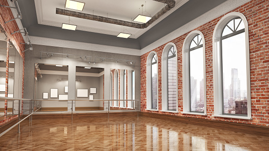 Large empty hall with wooden floors, brick walls, large windows and mirrors. Dance studio. 3d illustration