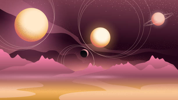 istock Abstract cosmic landscape with planets and sattelites in the sky. Vector illustration for posters, banners, social media advertising. 1302790742