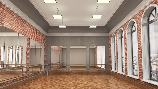 Large empty hall with wooden floors, brick walls, large windows and mirrors. Dance studio. 3d illustration