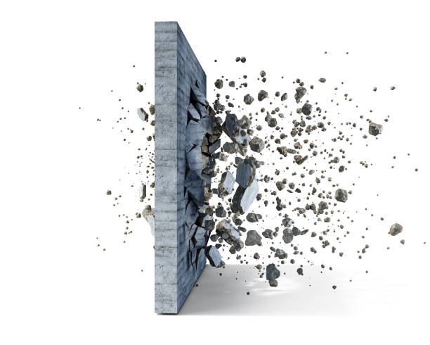 betonwand auf weißem hintergrund zerschmettert in die stücke, 3d-illustration - ruine stock-fotos und bilder