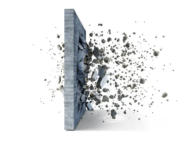 Photo of Concrete wall on a white background shatters into the pieces, 3d illustration