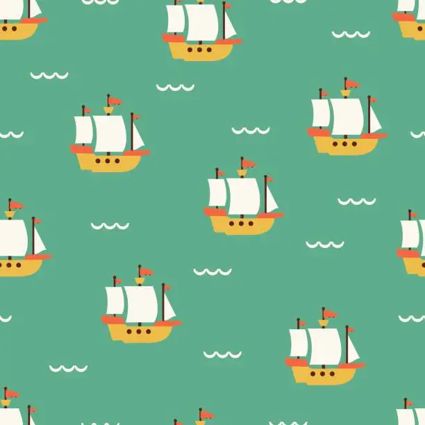 Vector illustration of Sailing Ship and Summer Sea Vector Graphic Seamless Pattern