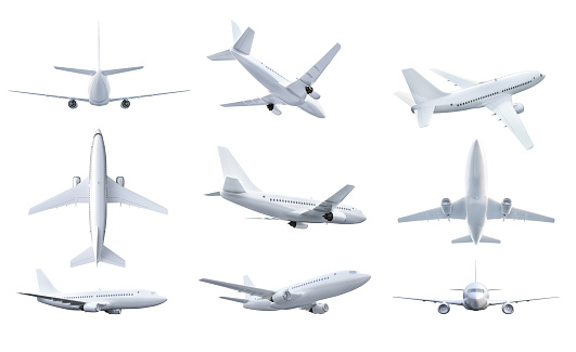 Set of airplanes isolated on a white background. 3d illustration.