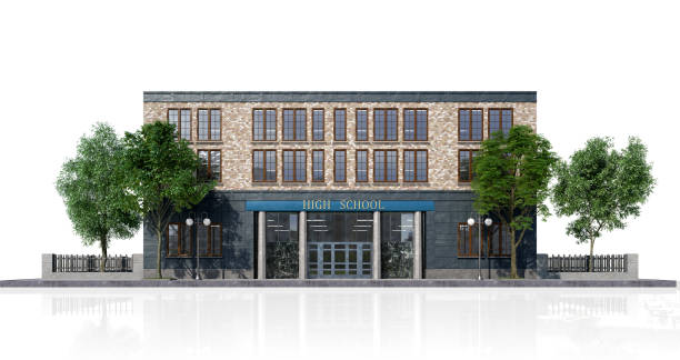 istock School facade exterior isolated on the white background. 3d illustration 1302791052