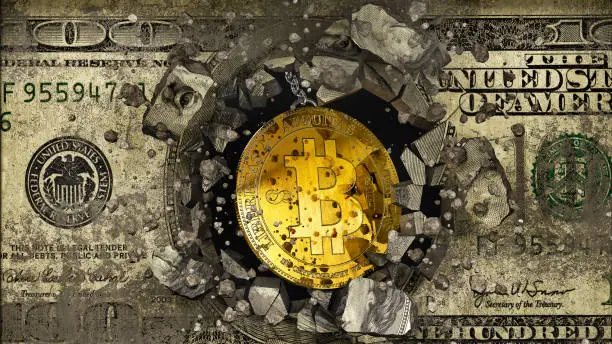 Photo of Concept of bitcoin destroying the concrete wall with dollar graffiti, 3d illustration