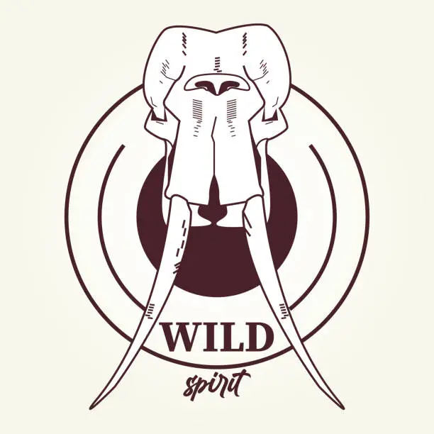 Vector illustration of wild spirit lettering with elephant head skull