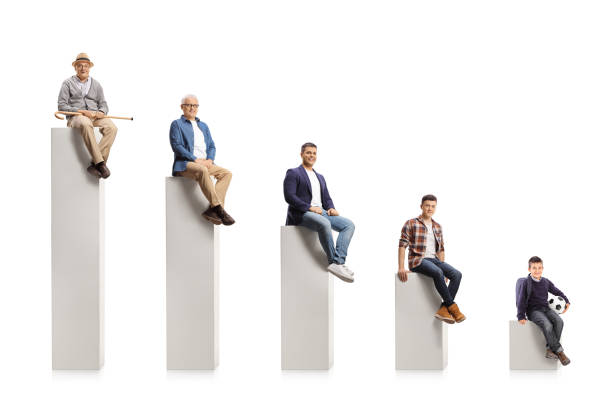 Child, young and elderly men sitting on a graph chart