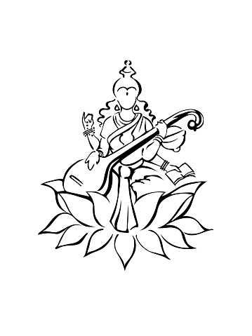 Saraswati, Hindu goddess of knowledge, sitting on lotus with veena, book, pot, beads. Modern outline symbol, hand drawn black and white illustration, ink sketch for prints, decoration