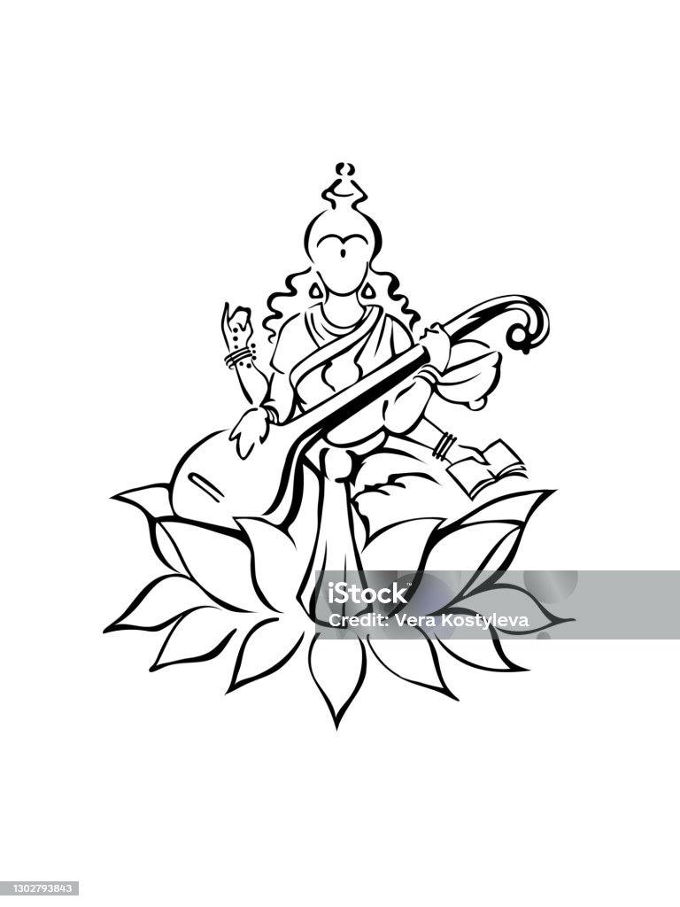 Saraswati Hindu Goddess Of Knowledge Sitting On Lotus Flower And ...