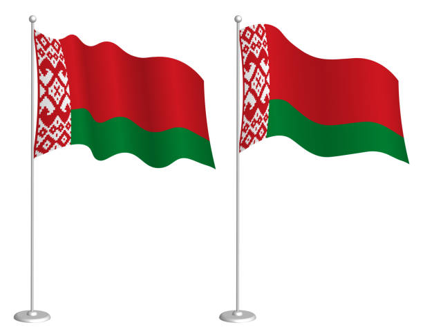 ilustrações de stock, clip art, desenhos animados e ícones de flag of republic of belarus on flagpole waving in wind. holiday design element. checkpoint for map symbols. isolated vector on white background - flag of belarus