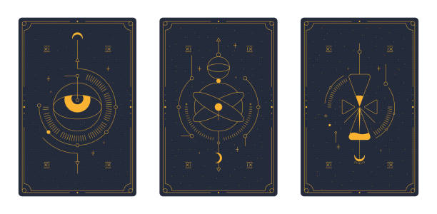 Tarot cards. Magic occult. Reader moon and hourglass in line style. Tarot cards. Magic occult. Reader moon and hourglass in line style. tarot cards illustrations stock illustrations