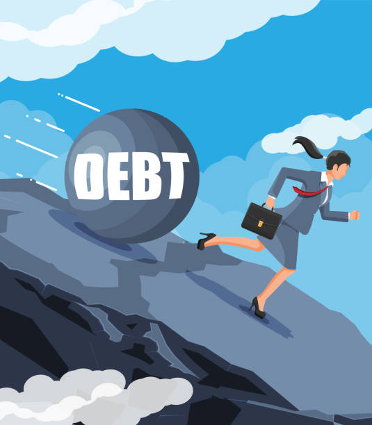 istock Businesswoman running away from big debt weight 1302797334