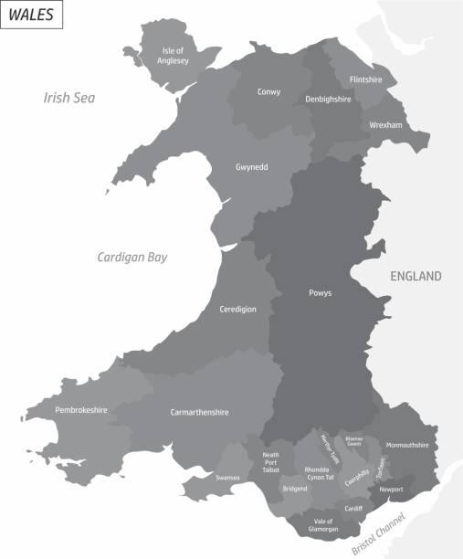 Wales grayscale map The Wales grayscale map divided in administrative areas with labels, UK wrexham stock illustrations