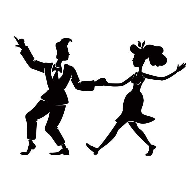 ilustraciones, imágenes clip art, dibujos animados e iconos de stock de retro mujer y hombre bailando energía jive negro silueta vector ilustración. cómicos a la antigua usanza en la pose del rock n roll. 2d personajes de dibujos animados forma para comercial, animación, impresión - dancing swing dancing 1950s style couple