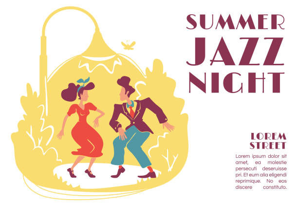 ilustraciones, imágenes clip art, dibujos animados e iconos de stock de plantilla vector plana de bandera de jazz nocturno de verano. fiesta al aire libre de estilo retro. discoteca rock n roll de los años 50. folleto, diseño de concepto de póster con personajes de dibujos animados. volante horizontal, folleto con lugar par - dancing swing dancing 1950s style couple