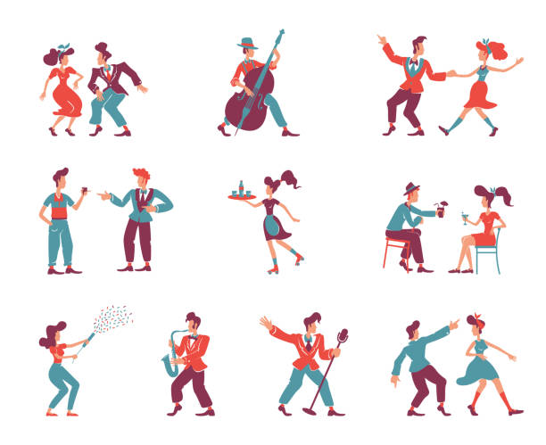 ilustraciones, imágenes clip art, dibujos animados e iconos de stock de las personas de estilo rockabilly son personajes sin rostro vectores de color plano establecidos. mujeres y hombres de la década de 1950. bailarines de fiesta anticuados, músicos de jazz, cantantes aislaron ilustraciones de dibujos animados sobre fondo b - 1950s style 1960s style dancing image created 1960s