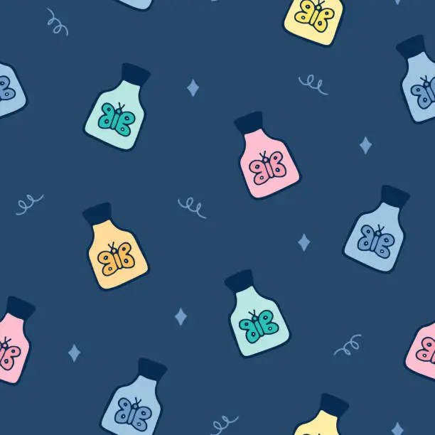 Vector illustration of fireflies seamless pattern.magic bottles pattern.colored butterfly pattern.insects in bottles. Trendy texture for print, textile, packaging,cover, wrapping paper,postcard, wallpaper, fabric,background
