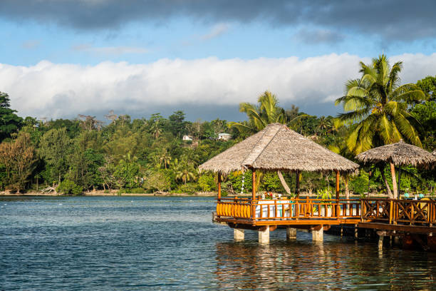 Tropical hut in the Port Vila lagoon in Vanuatu in the south Pacific Tropical hut in the Port Vila lagoon in Vanuatu in the south Pacific vanuatu stock pictures, royalty-free photos & images