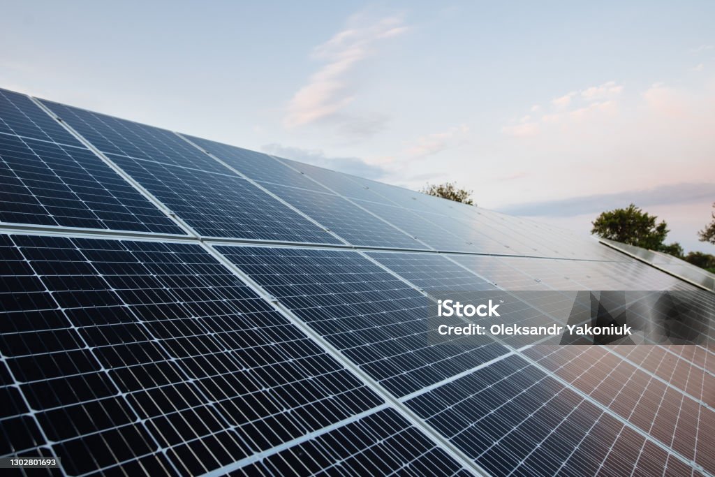 Solar panels on a background of blue sky. Solar panels, photovoltaic, alternative power source - selective focus, copy space Solar Panel Stock Photo