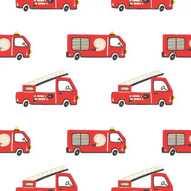 Vector illustration of Firefighter seamless pattern. Fire truck with ladder extinguisher and hose. Hand drawn cartoon trendy scandinavian childish doodle cars. Decor textile, wrapping paper wallpaper vector print or fabric
