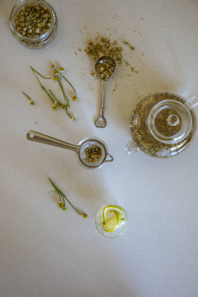 Portrait shot of camomile tea with copy space