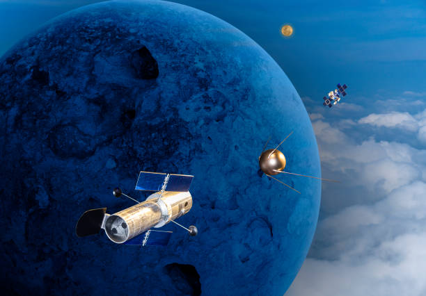 3d-bild-illustration modell mehrere satelliten umkreisen den blauen planeten im galaxienhintergrund - turn signal stock-fotos und bilder