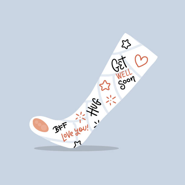 ilustrações de stock, clip art, desenhos animados e ícones de broken leg cast with positive writings from friends and family. love concept. injured limb in gypsum plaster. good get well soon wishes. media glyph graphic icon. flat vector illustration. - bff