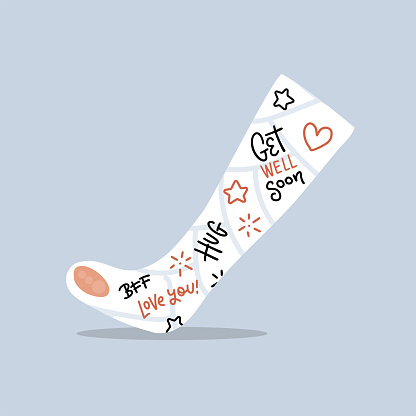 Broken leg cast with positive writings from friends and family. Love concept. Injured limb in gypsum plaster. Good get well soon wishes. Media glyph graphic icon. Flat vector illustration