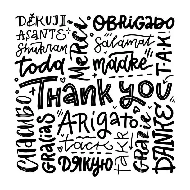 Vector illustration of Thank you phrases in many languages. Thanks modern phrases handwritten vector calligraphy. Black ink brush paint and linear lettering collection isolated on white background. Postcard, greeting card.