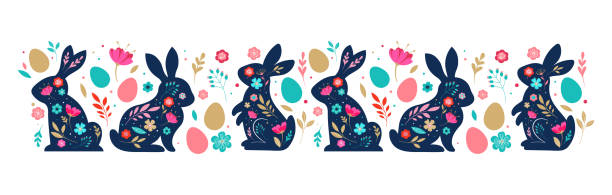 Happy Easter, decorated Easter card, banner. Bunnies, Easter eggs, flowers and basket. Folk style patterned design. Happy Easter, decorated Easter card, banner. Bunnies, Easter eggs, flowers and basket. Folk style patterned design. Vector illustration easter silhouettes stock illustrations