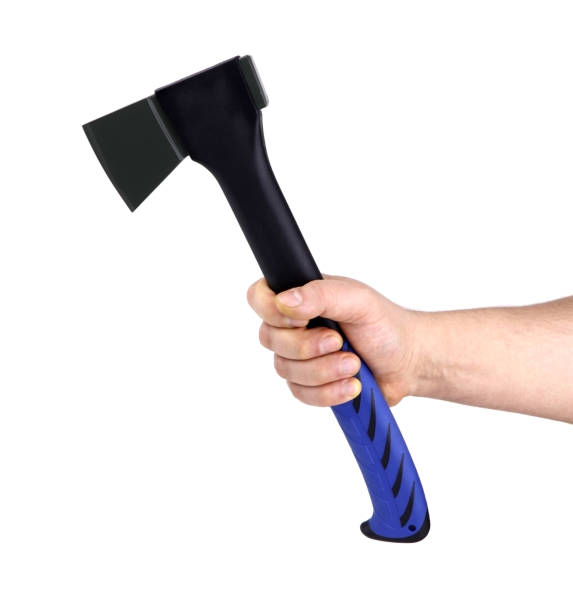 A man's hand with axe. A hand holding an chopper. A splitting axe in man hand. A cleaver isolated.