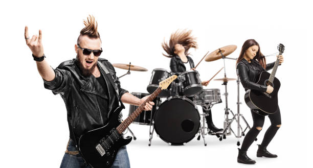 Punk rock band with female drummer and male and female guitarists Punk rock band with female drummer and male and female guitarists isolated on white background rock musician stock pictures, royalty-free photos & images