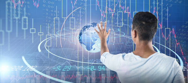 istock Composite image of man pretending to touch an invisible screen against white background 1302807933
