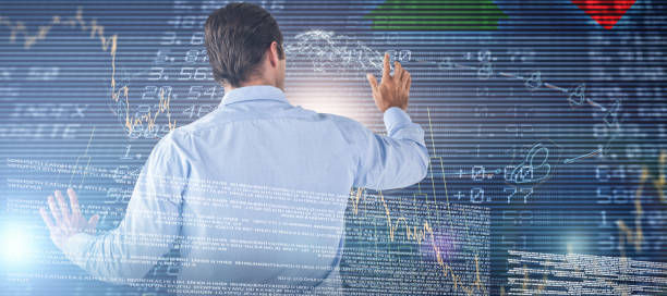 istock Composite image of businessman in blue shirt using interface 1302808712