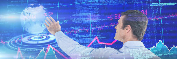 istock Composite image of businessman with arms raised touching invisible interface 1302809338