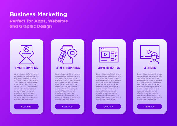 細い線のアイコンを持つビジネスマーケティングモバイルユーザーインターフェイス:ソーシャルメディア、電子メールマーケティング、ブログ、ビデオマーケティング。ベクトルイラストレ - sharing mobile phone application software e mail点のイラスト素材／クリップアート素材／マンガ素材／アイコン素材