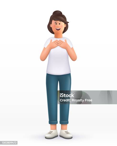 3d Cartoon Character Young Woman Keeps Hands On Chest Touched By Compliment  Smiles Positively Smiling Cute Brunette Girl 3d Vector Illustration Stock  Illustration - Download Image Now - iStock
