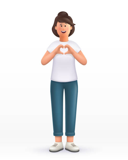 ilustrações de stock, clip art, desenhos animados e ícones de 3d cartoon character. young woman showing heart gesture, making compliment, love sign. smiling cute brunette girl.  3d vector illustration. - valentines day heart shape love child