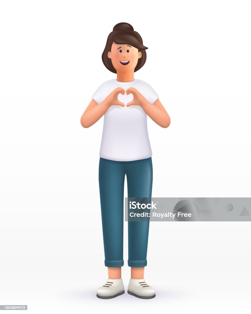 3d Cartoon Character Young Woman Showing Heart Gesture Making Compliment  Love Sign Smiling Cute Brunette Girl 3d Vector Illustration Stock  Illustration - Download Image Now - iStock